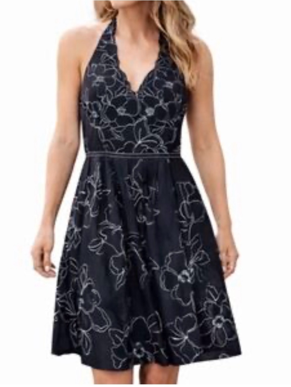 Ann Taylor Linen Floral Embroidered Halter Neck Dress in Blk/Wht Size 6